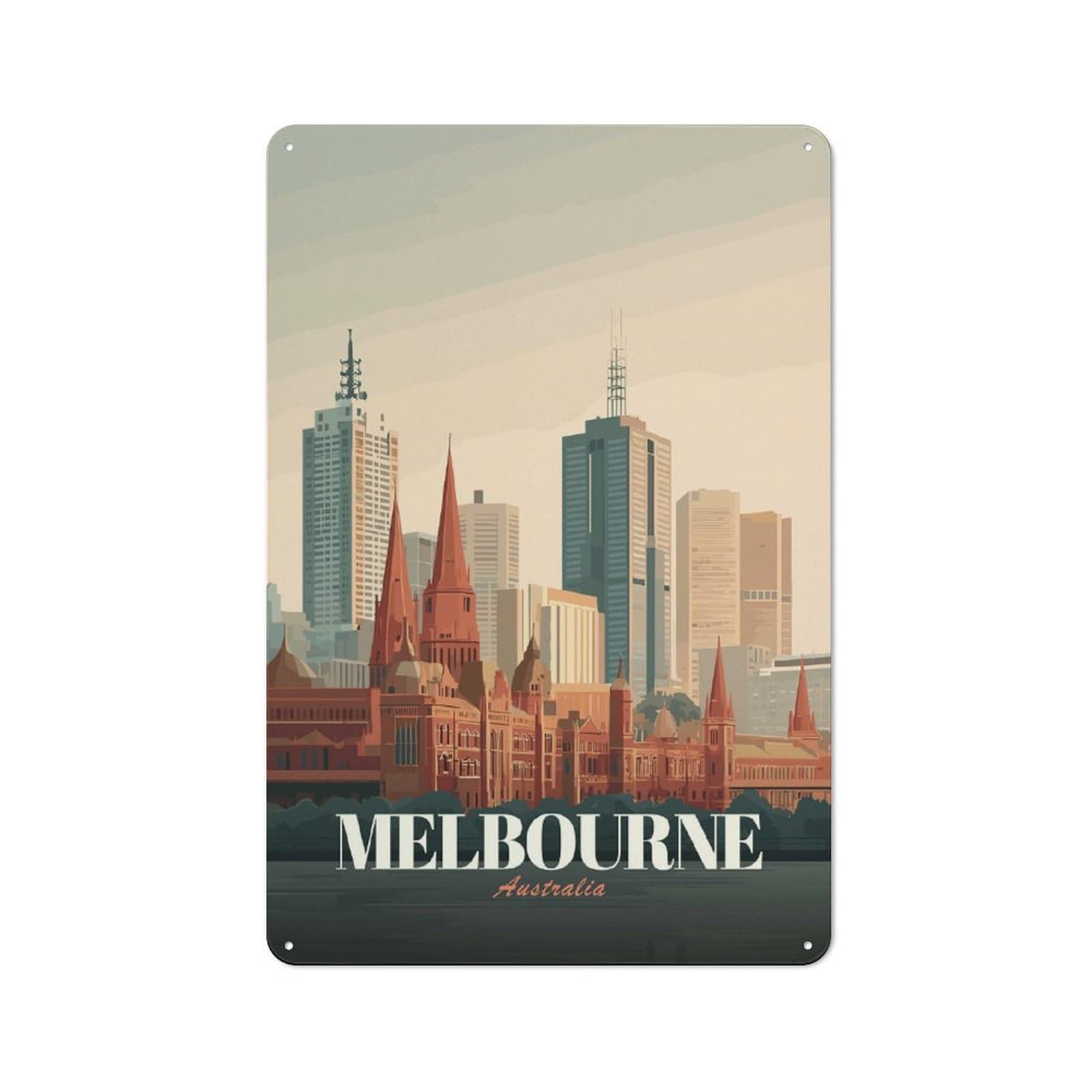 Melbourne Skyline Vintage Urban Metal Wall Decor 30x20cm, Industrial Metal Sign for Flat, Bar, Studio Or Gallery Wall