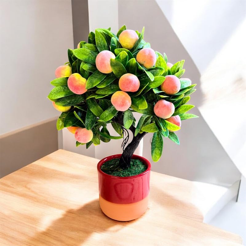 Artificial Mini Peach Bonsai Tree with White Pot, Decorative Faux Fruit Tree for Home Office Décor (Red Ceramic Pot/Single Plant)