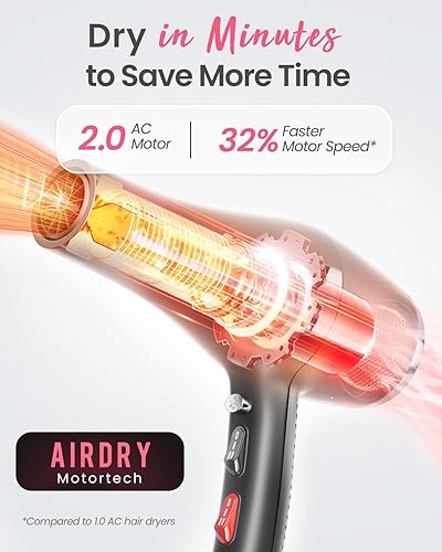 Miniatura 2 de Secador de pelo iónico profesional con motor de CA, secado rápido, para cabello rizado y liso, 2 velocidades y 3 ajustes de calor, botón frío (negro)