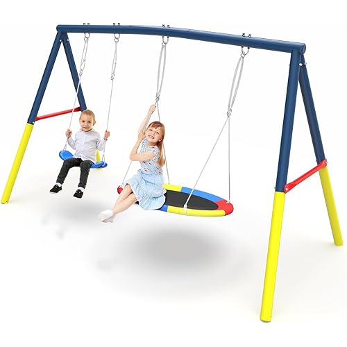 Mersco Swing Set for Backyard with Stand, Heavy Duty 440lbs Metal A-Frame[New Version] Outdoor Playset with 32" Saucer Swing & 26.2" Seats, Blue