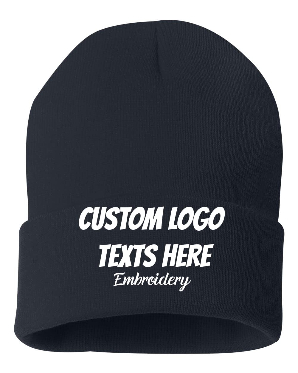 INK STITCH Custom Sp12 Unisex Design Your Own Logo Texts Embroidery Beanie Winter Hats (Navy)