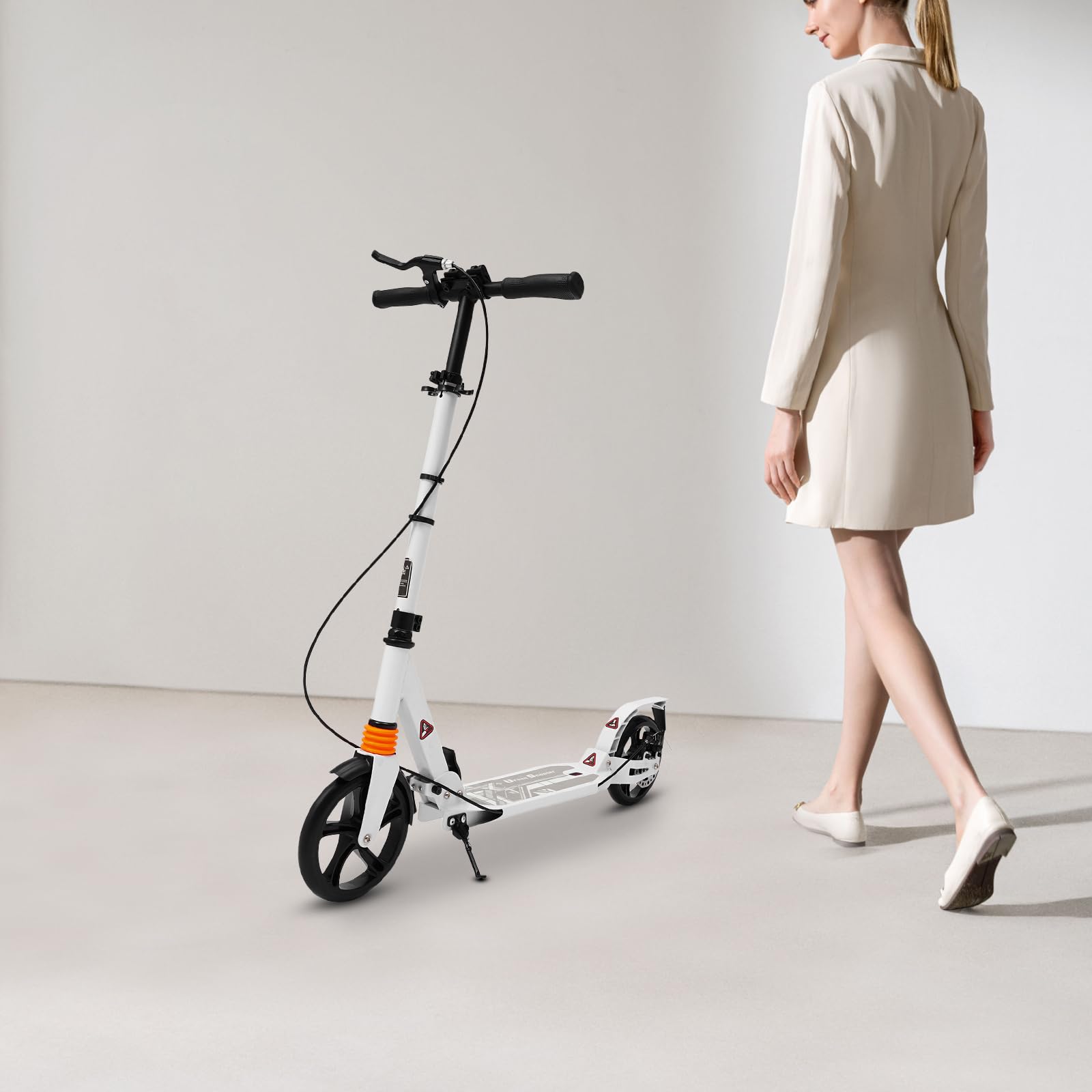 Patinete de ciudad plegable, altura ajustable, de aluminio para hasta 100 kg, cómodo patinete para adultos y jóvenes con frenos de disco dobles, color blanco
