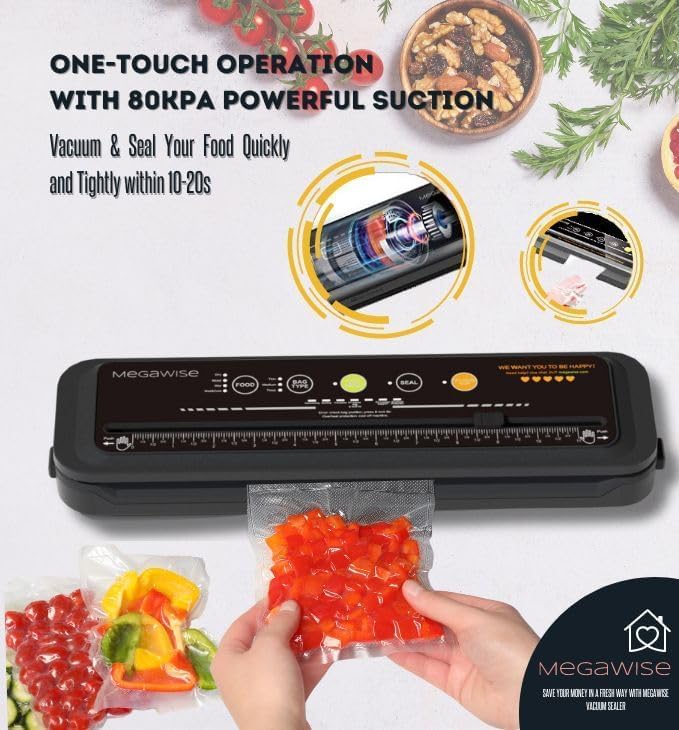 Image of MegaWise Vacuum Sealer Machine | 80kPa Suction Power| Bags and Cutter Included | Compact One-Touch Automatic Food Sealer with External Vacuum System | Dry Moist Fresh Modes for All Saving needs