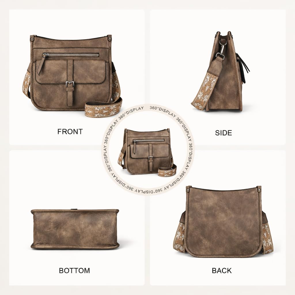 Crossbody Bags for Women Trendy, Vegan Leather Guitar Strap Purse Multi Pocket Medium Shoulder Bag Purses for Women