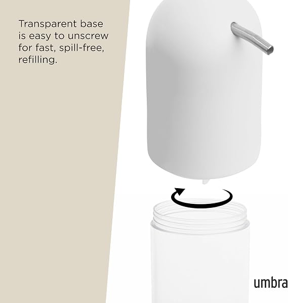 Umbra Touch Soap Dispenser, Refillable Hand Soap Pump, 8 OZ, White | Durable construction, easy clean surface, bathroom counter use, wide mouth opening