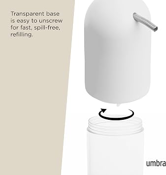 Umbra Touch Soap Dispenser, Refillable Hand Soap Pump, 8 OZ, White | Durable construction, easy clean surface, bathroom counter use, wide mouth opening