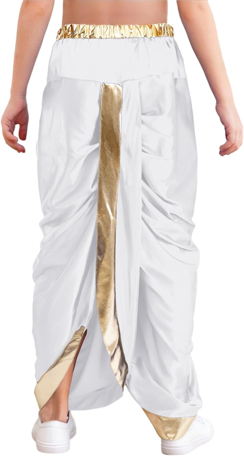 ranrann Kids Boys Satin Dhoti Pants Metallic Elastic Waist Hippie Dance Draped Harem Baggy Indian Yoga Trousers