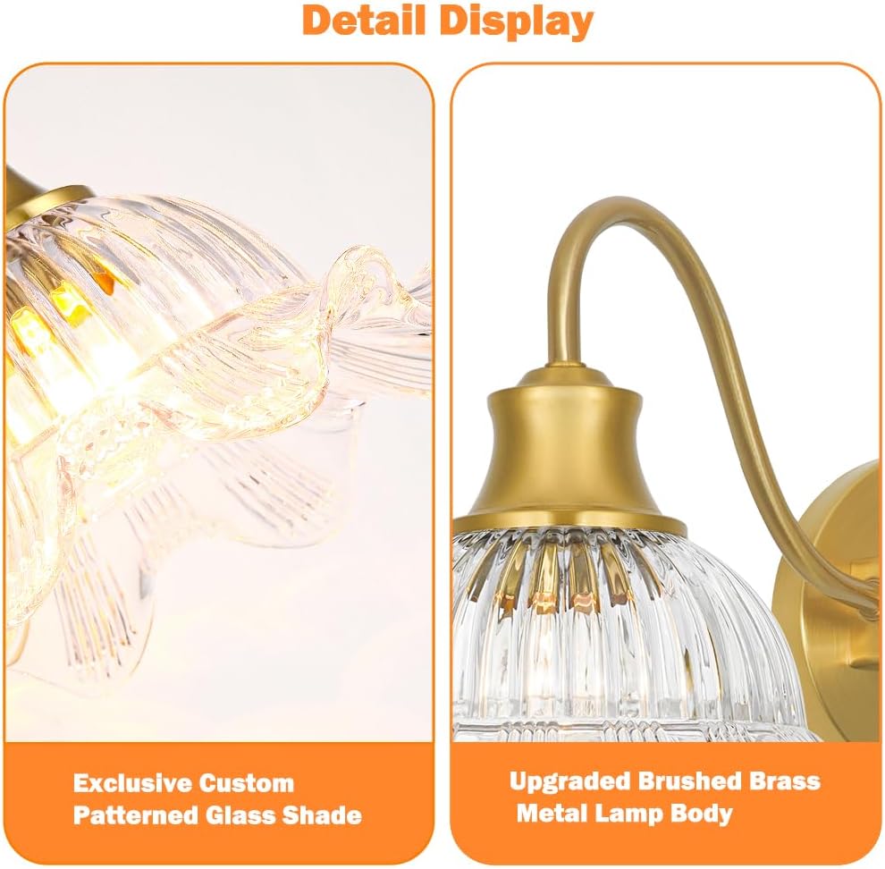 Brushed Gold Bathroom Vanity Light Fixture Vintage 3 Light Bathroom Lighting Over Mirror, Farmhouse 24'' Wall Sconce Lighting with Flower Glass Shades, Easy Mount for Makeup Area, E26 Bulb Compatible