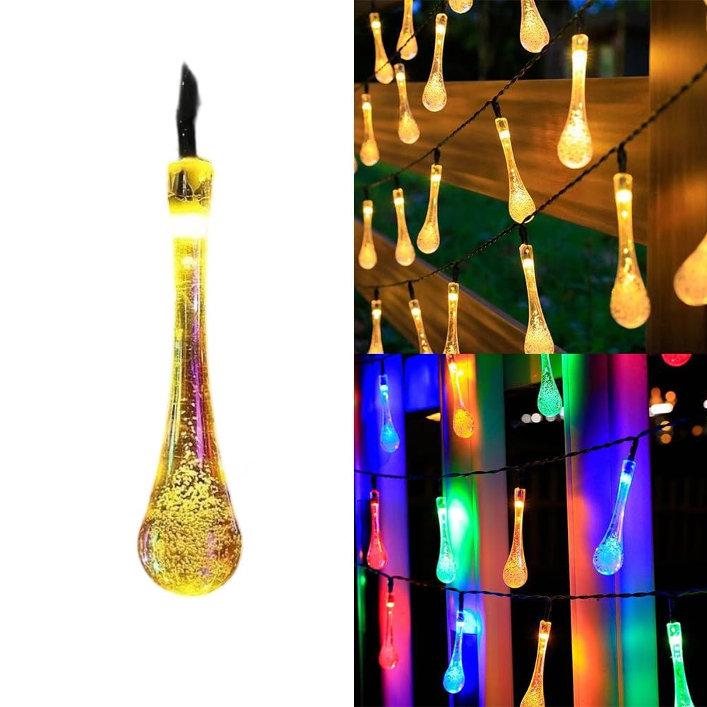 Tidevib 60 LED Water Drop Solar String Lights Outdoor, 8 Meters, Colorful & Warm White, 8 for Lighting Modes, Weather Resistant Garden Party Christmas Decoration