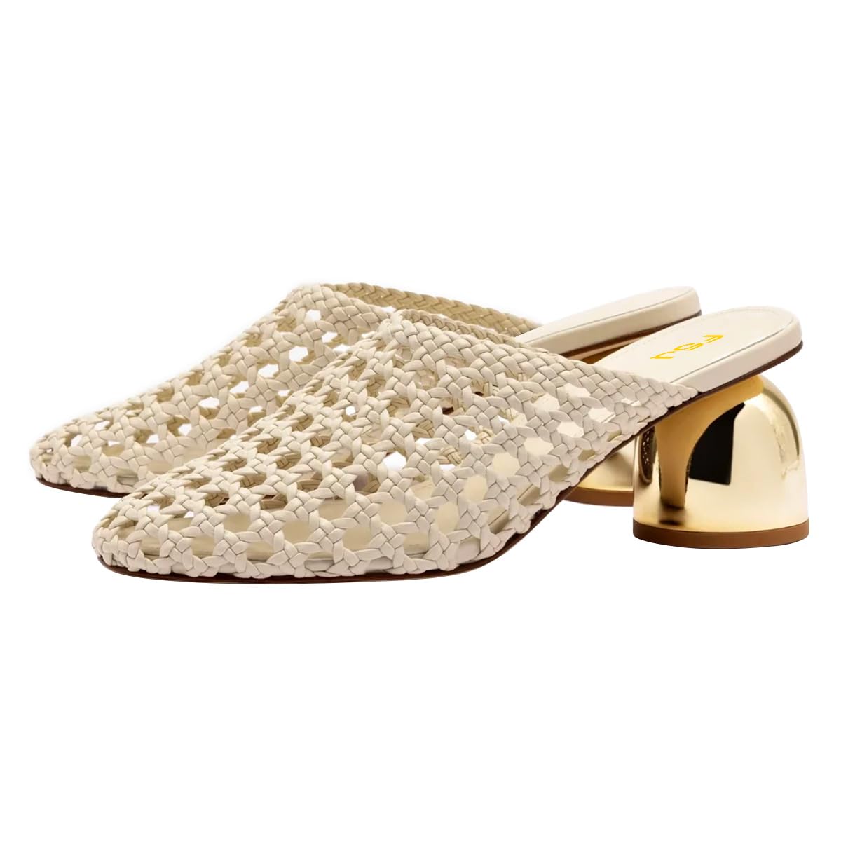 FSJ Women Woven Mule Sandals Gold Block Heel Closed Toe Hollow Out Braided Slip On Comfort Summer Shoes Size 4-16 US