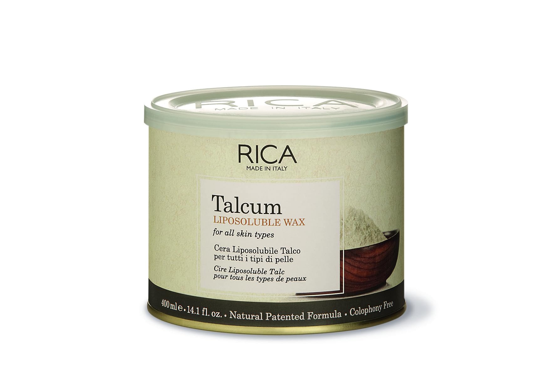 RICA | Talcum Liposoluble Wax 400 ml per Tutti i Tipi di Pelle | Cera Depilatoria Professionale con Oli Vegetali Emollienti | Ideale per Zona Bikini, Viso e Ascelle | Senza Colofonia | Made in Italy
