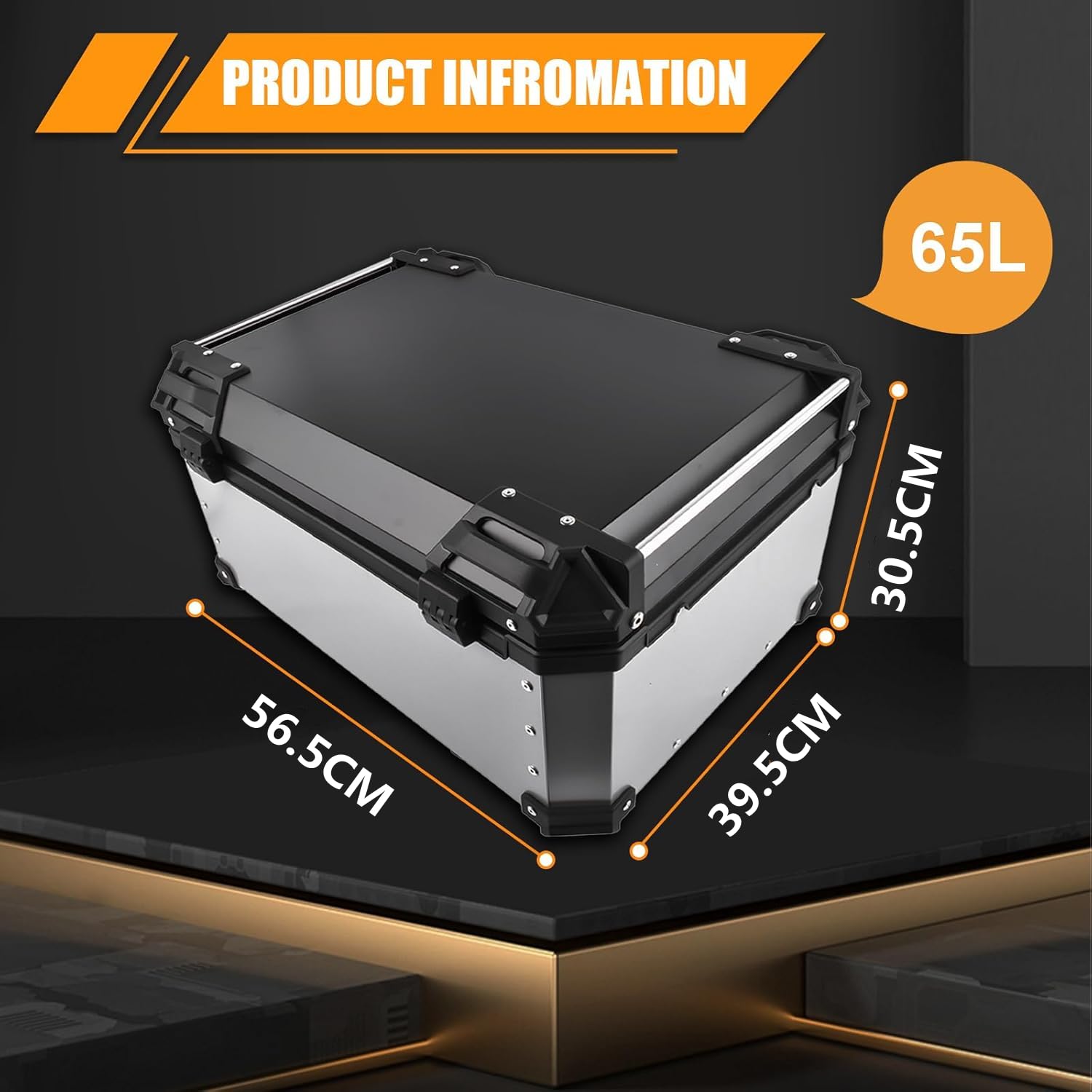 65L Motorrad Topcase, Wasserdicht Motorrad Top Box Topcase Roller Koffer mit Sicherheitsschloss, Motorradkoffer mit InstallierenTrägerplatte (Silber)