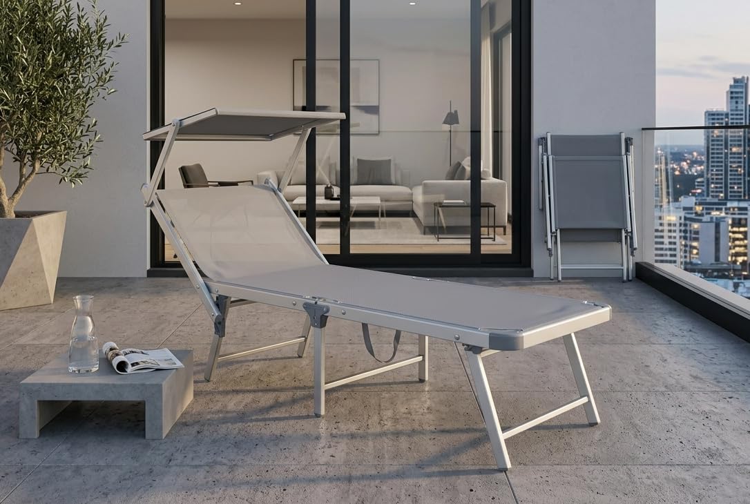 Lettino Mare Professionale Siviglia Gold con Seduta Alta 40 cm, Parasole Integrato e Struttura in Alluminio, Pieghevole, 180x72 cm (Grigio)