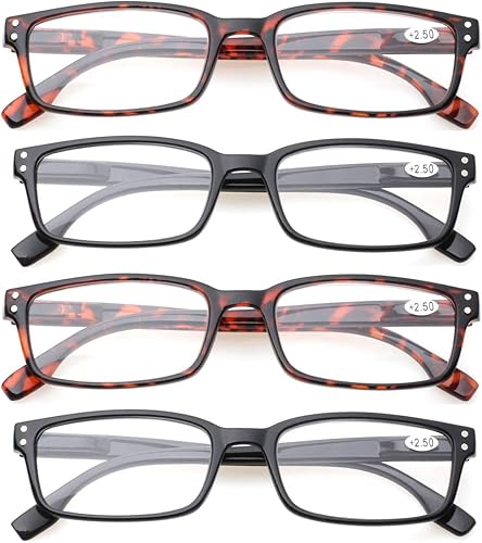 Miniatura 6 de Kerecsen 4 unidades de gafas de lectura para hombre y mujer con bisagras de resorte, ligeras, rectangulares, negras, Mediana