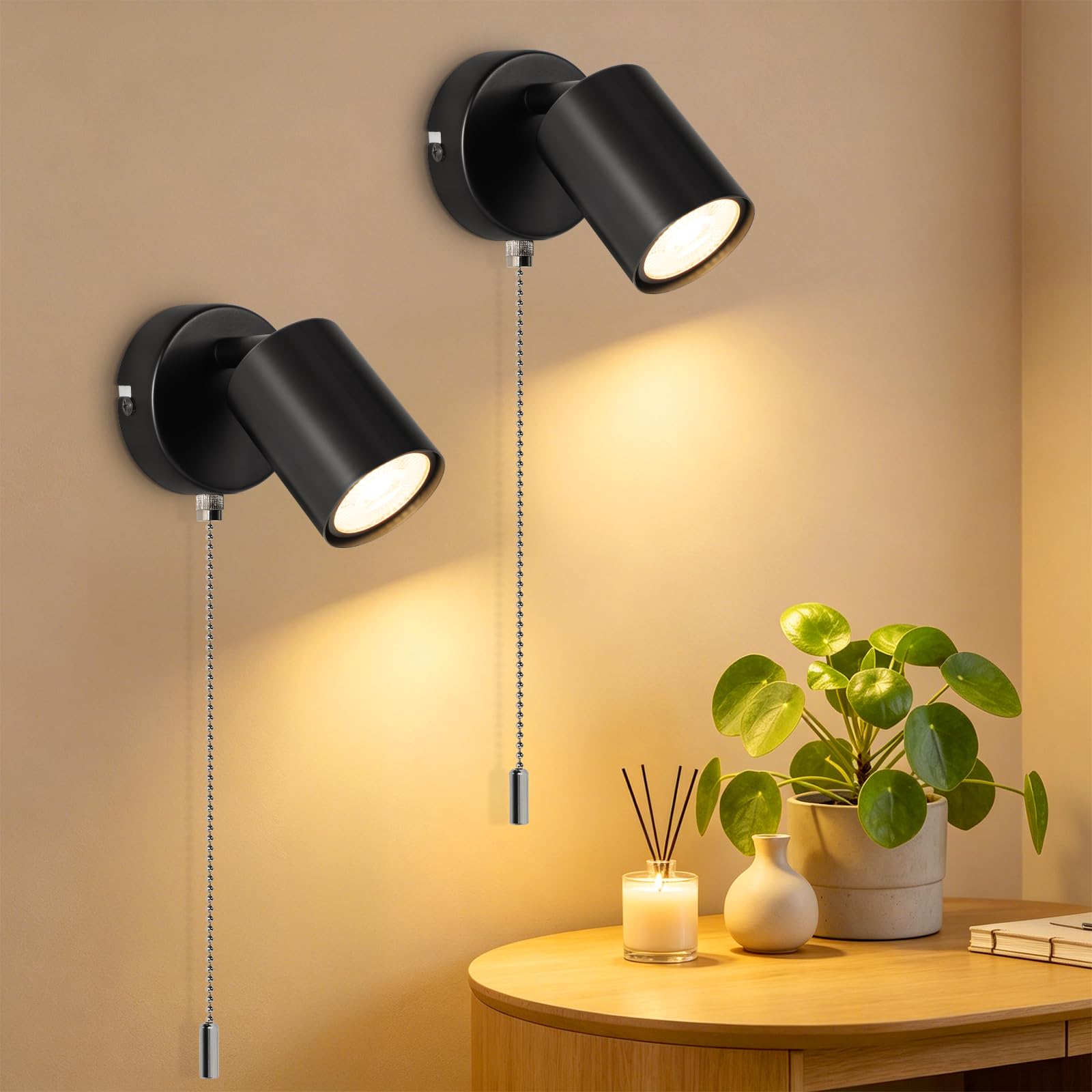 Ketom 2 Pack Adjustable Wall Light with Pull Cord Switch, GU10 Modern Wall Sconce Lights Black, Wall Spotlight Fixtures, LED Wall Lights Indoor for Bedroom Bedside Hallway, Bulb Not Included