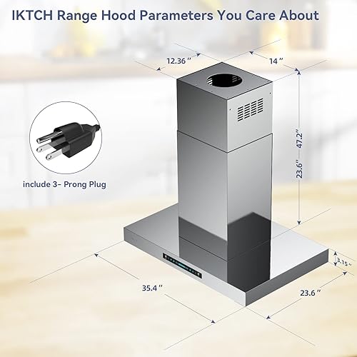 Miniatura 8 de IKTCH Campana extractora mejorada de montaje en isla de 36 pulgadas, campana extractora de conductos de 900 CFM con ventilador de 4 velocidades,