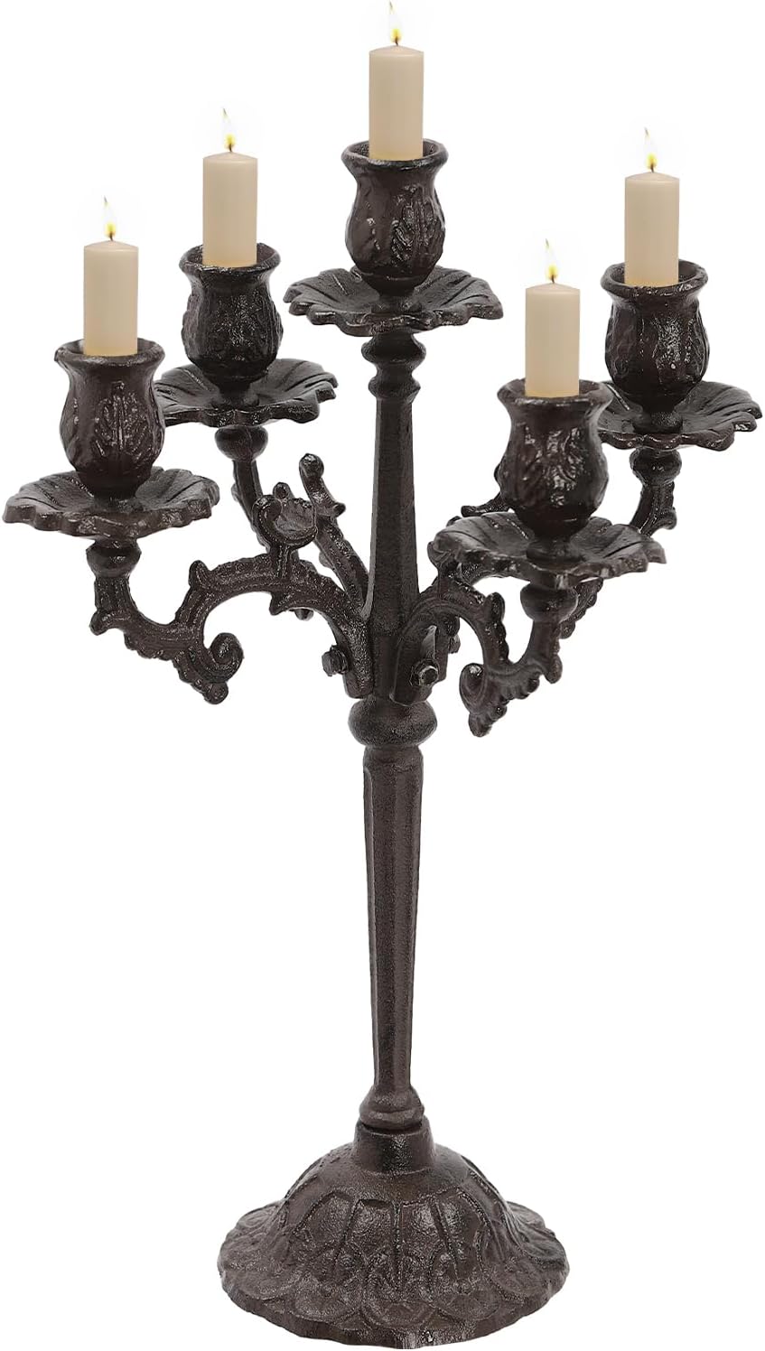 5-Arm Vintage Candle Holder Heavy Duty Cast Iron Candlestick Holders Table Candelabra Stand Decorative Pillar Candle Stand for Christmas Birthday Wedding Home Party
