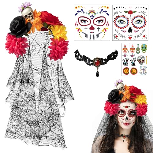 PYSEOSISE Diadema Flores Mexicana, Diadema Día de los Muertos de Velo, Tocado Mexicano de Halloween con Collar y Tatuajes Temporales para Mujer Carnaval Cosplay Fiesta de Máscaras