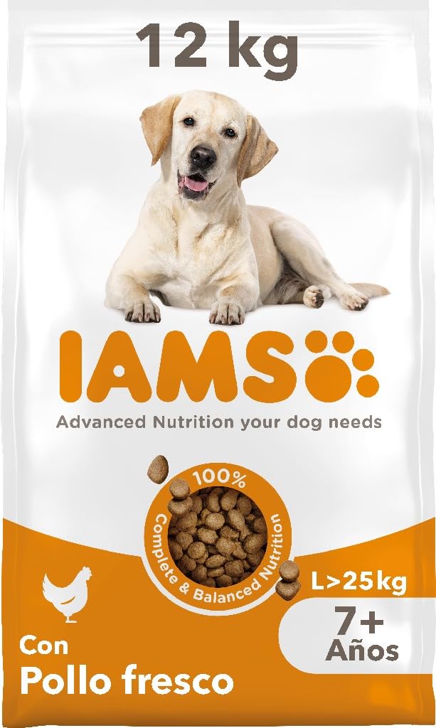 IAMS Alimento seco para perros de razas grandes con pollo fresco, comida seca para perros de edad de más de 7 años, 12 kg