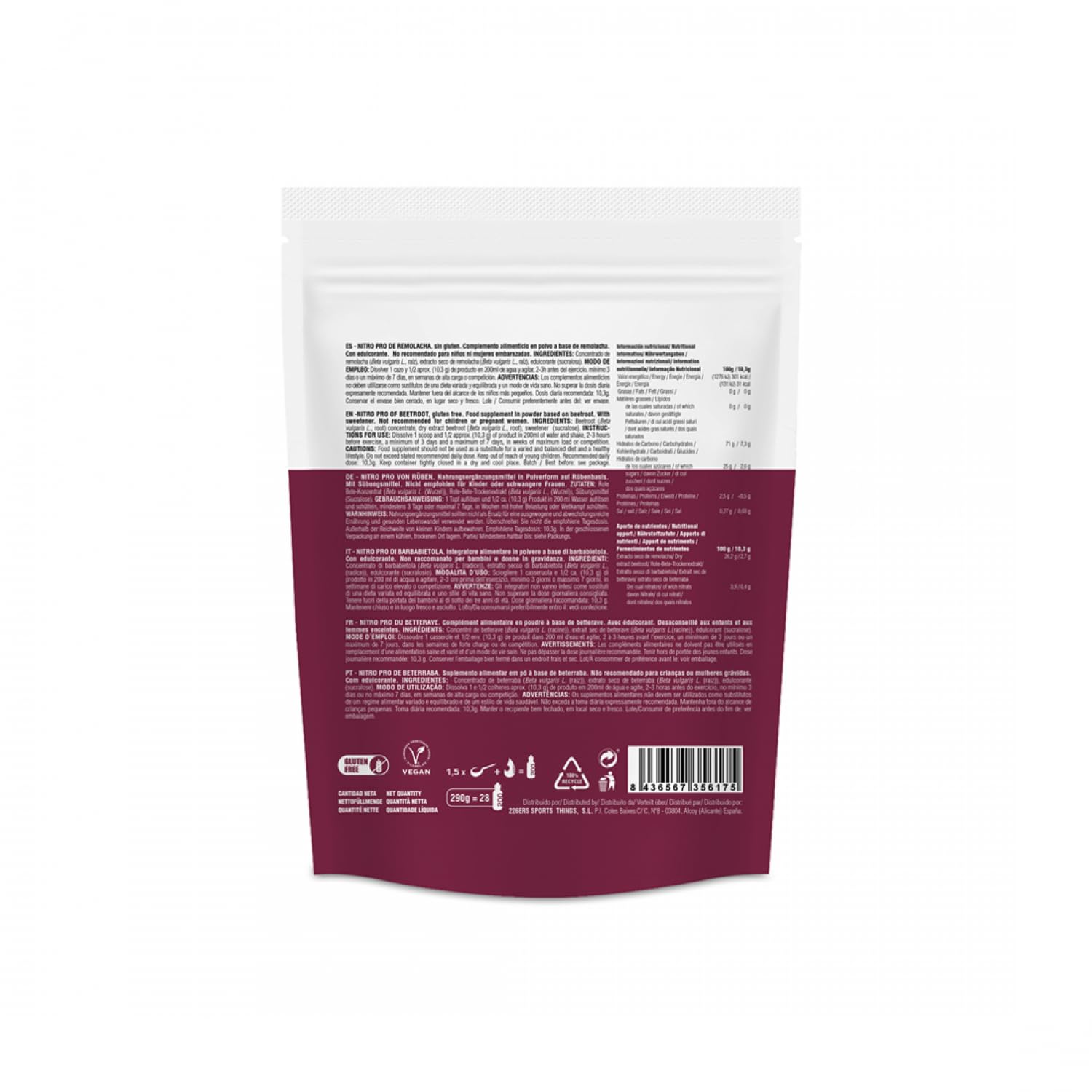 226ERS Nitro Pro, Nitratos Naturales, Aumento Óxido Nítrico, Remolacha 290g