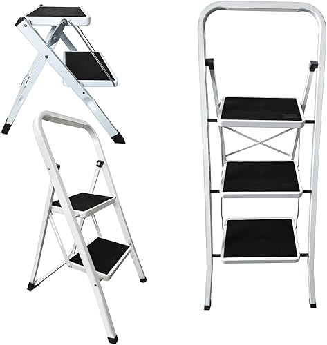Escalera de 3 escalones con pasamanos, taburete plegable para adultos con asas y pedal ancho antideslizante, escalera plegable de acero resistente