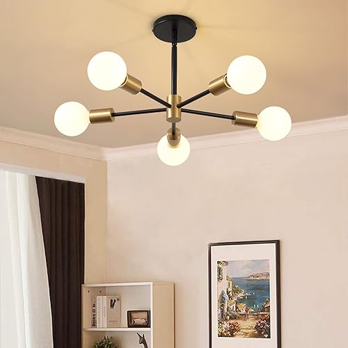 Lámpara Sputnik Moderna, Lámpara de Techo Semiempotrada Negra y Dorada, Candelabros de Mediados de Siglo para Dormitorio, Comedor, Isla de Cocina,