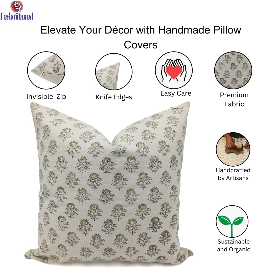 Thick Cotton Fabric Handmade Floral Boho Print 18x18 Inch Pillowcase Cushion Cover with Invisible Zipper Perfect for Bedroom, Living Room, Sofa & Couch- (Light Yellow-Bagru Buti)