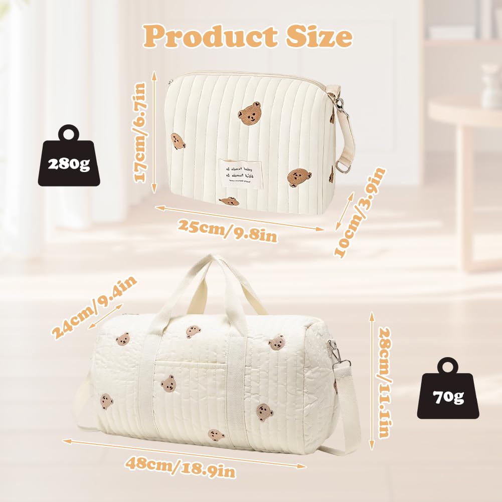 Lot de 2 sacs à langer - En coton avec broderie et motif ours en peluche - Sac de voyage avec bandoulière et fermeture éclair - Pour naissance à l'hôpital, voyage, poussette