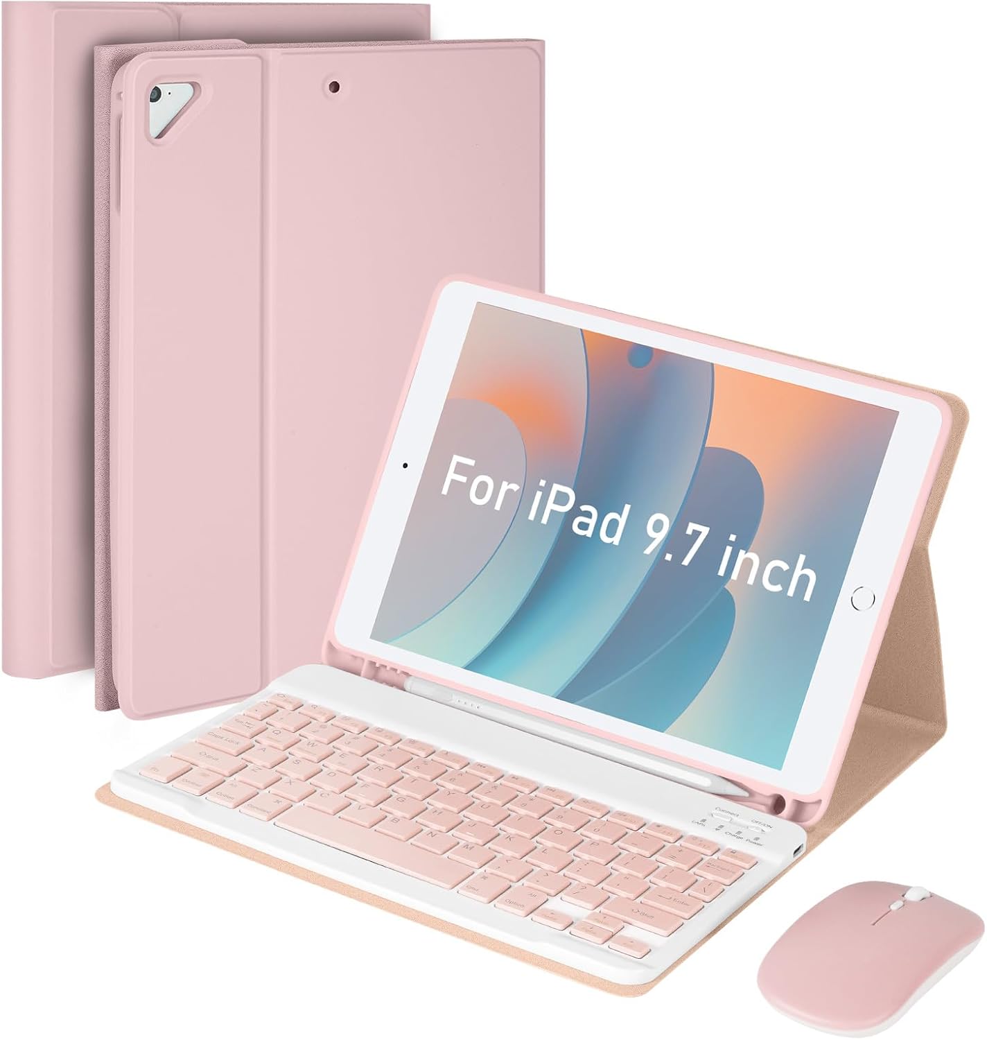 SOPPY Bluetooth Keyboard Case with Mouse for iPad 6th/5th Generation, iPad Pro 9.7-inch, Air 1/2, Detachable Wireless Keyboard with Pencil Holder, Slim Protective Cover, Rechargeable, US - Pink