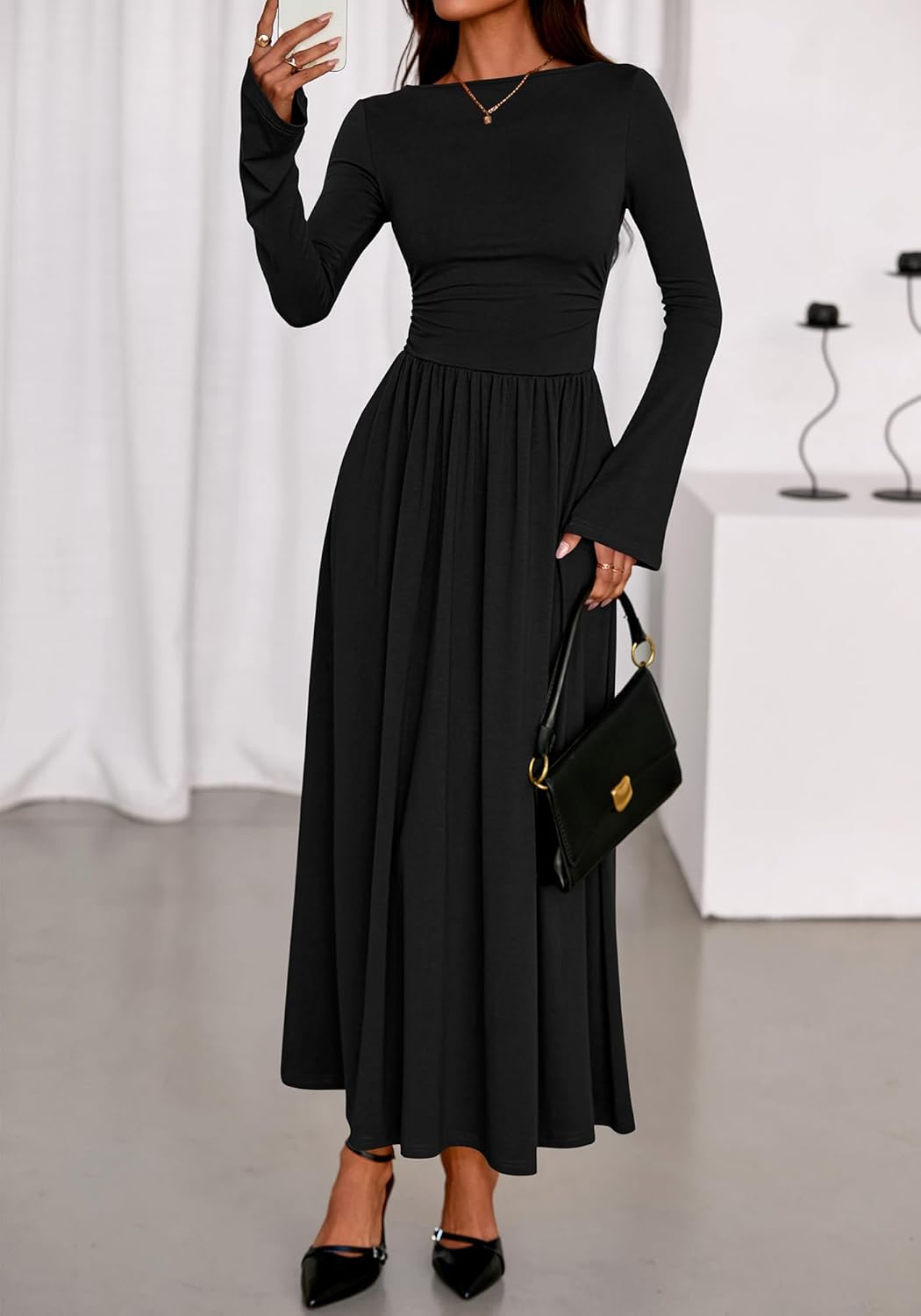 BTFBM Long Sleeve Maxi Dresses for Women 2025 Fall Casual Ruched Boat Neck Flowy Elegant Formal Wedding Guest Dress - Image 5