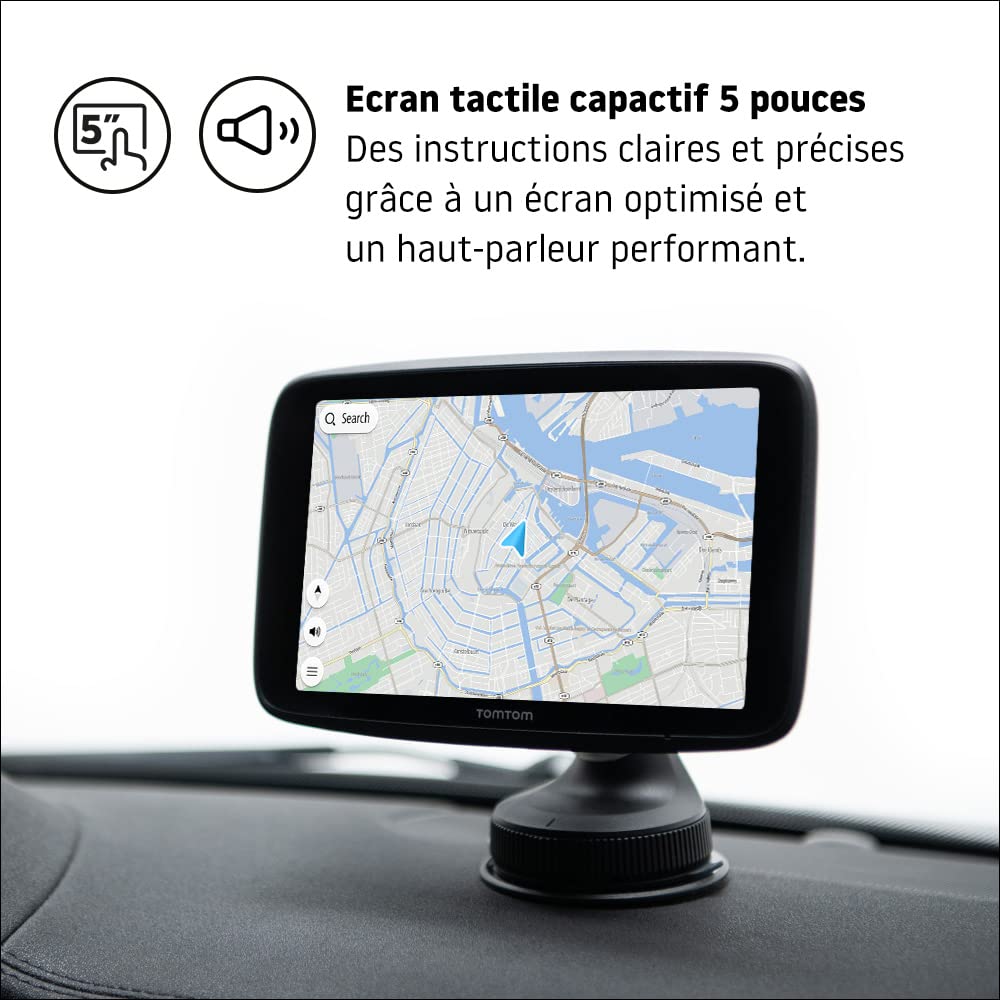 TomTom GPS Voiture GO Discover, 5 Pouces, Info Trafic, Alertes de Zones de Danger, Cartes Monde, Mise à Jour Rapide Via WiFi, Parking, Prix du Carburant, Fixation Magnétique Alimentée Noir