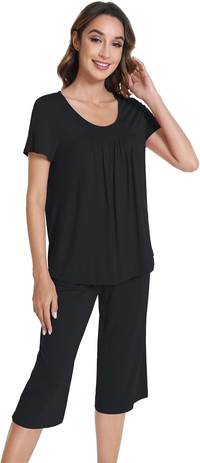 WiWi Pajamas for Women Soft Cooling Short Sleeve Sleepwear with Capri Pants Viscose from Bamboo Pjs Sets S-XXL - Image 4