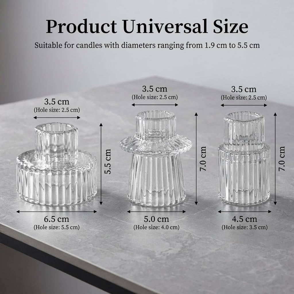 Olrla Lot de 6 bougeoirs en verre multi-tailles 2 en 1 pour bougies coniques, piliers et bougies chauffe-plat – Centre de table élégant pour mariage, décoration d'intérieur (transparent)