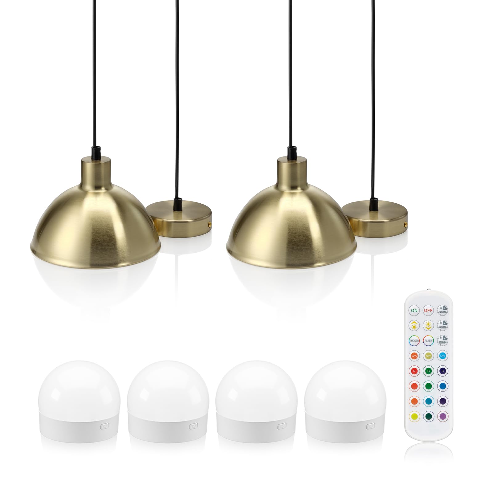 Auraglow Rechargeable Wireless Pendant Light with Remote – Cordless, Battery-Powered, Dimmable, Colour-Changing (Brass, 2 Lamps, 4 Light Sources, 1 Remote)