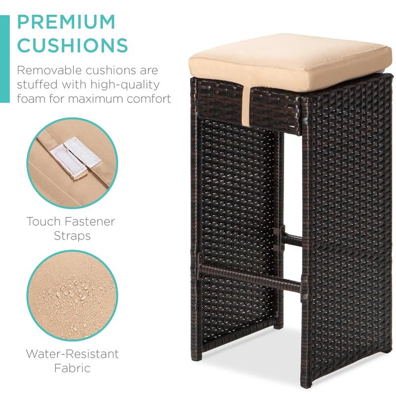 Image of OUTLIVING Patio Rattan Wicker Bar Table with Glass Top and 6 Cushioned Stools | Multipurpose 6 Seater Outdoor Bar Set Furniture for Porch, Home, Garden, Backyard, and Lawn (Brown-Cream)