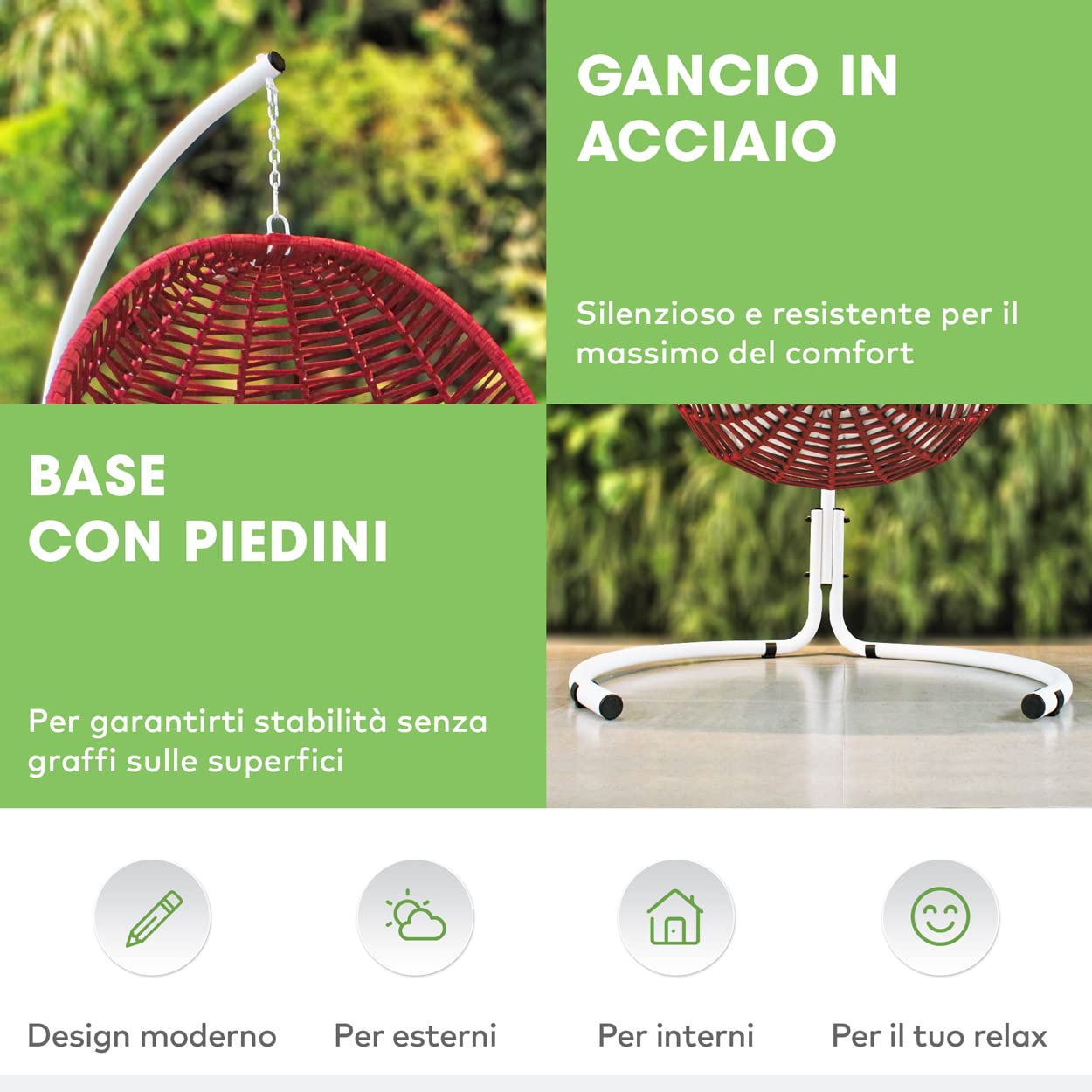 EVERGREENWEB – Sedia a Dondolo, Poltrona Sospesa in Tessuto per Intero ed Esterno, completa di struttura in Acciaio e Cuscini Super Soft - Sedia Ovetto Nido AutoPortante – Ischia (Singolo, Tortora)