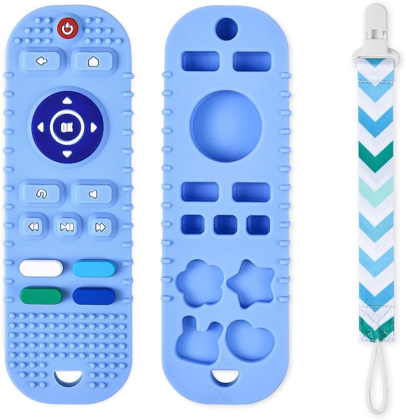 Silicone Baby Teething Toys, Remote Control Shape Teethers Toys with Teething Tubes and Pacifier Clip, Baby Teething Toys for 3 Months+, Remote Teething Toy BPA Free/Freezable/Dishwasher Safe(Blue)