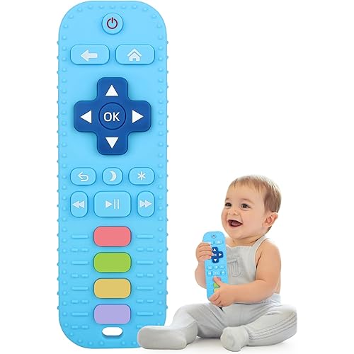 Fu Store Silicone Teething Toys for 0-12 Months 3-24 Months Infant Toddlers Remote Control Shape Teethers for Babies Chew Toys Relief Soothe Babies Gums Set Dishwasher and Refrigerator Safe Blue