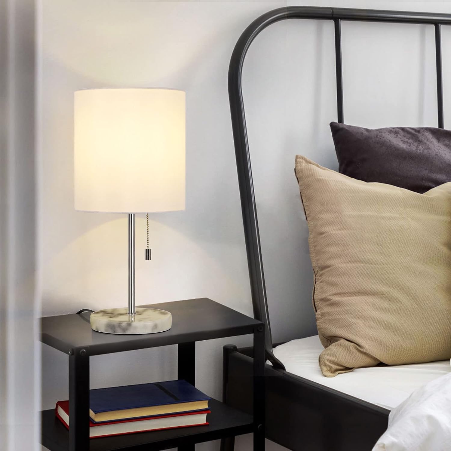 HAITRAL White Marble Lamp for Bedroom- Small Bedside Lamp with Marble Base and Sliver Metal,Bedside Table Lamp for Bedroom, Dorm, Living Room