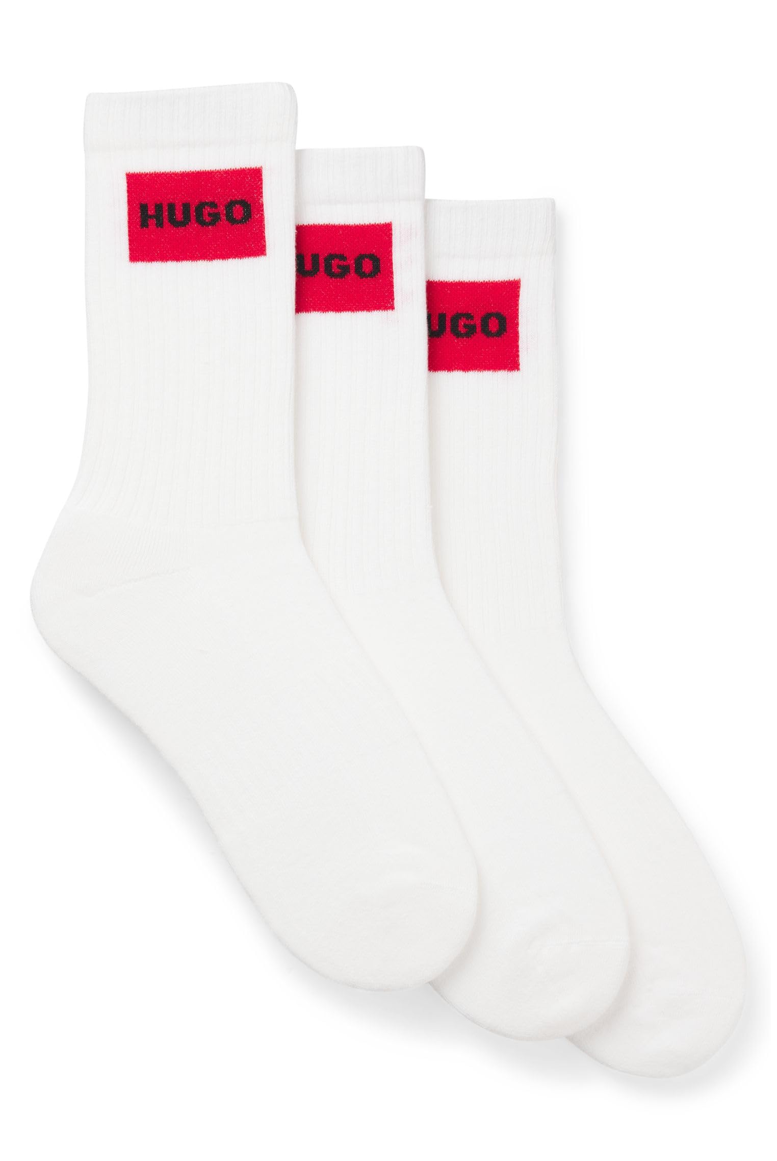 Hugo Men's White 3P Qs Rib Label Cc Three-Pack Of Short Socks With Red Logo Labels