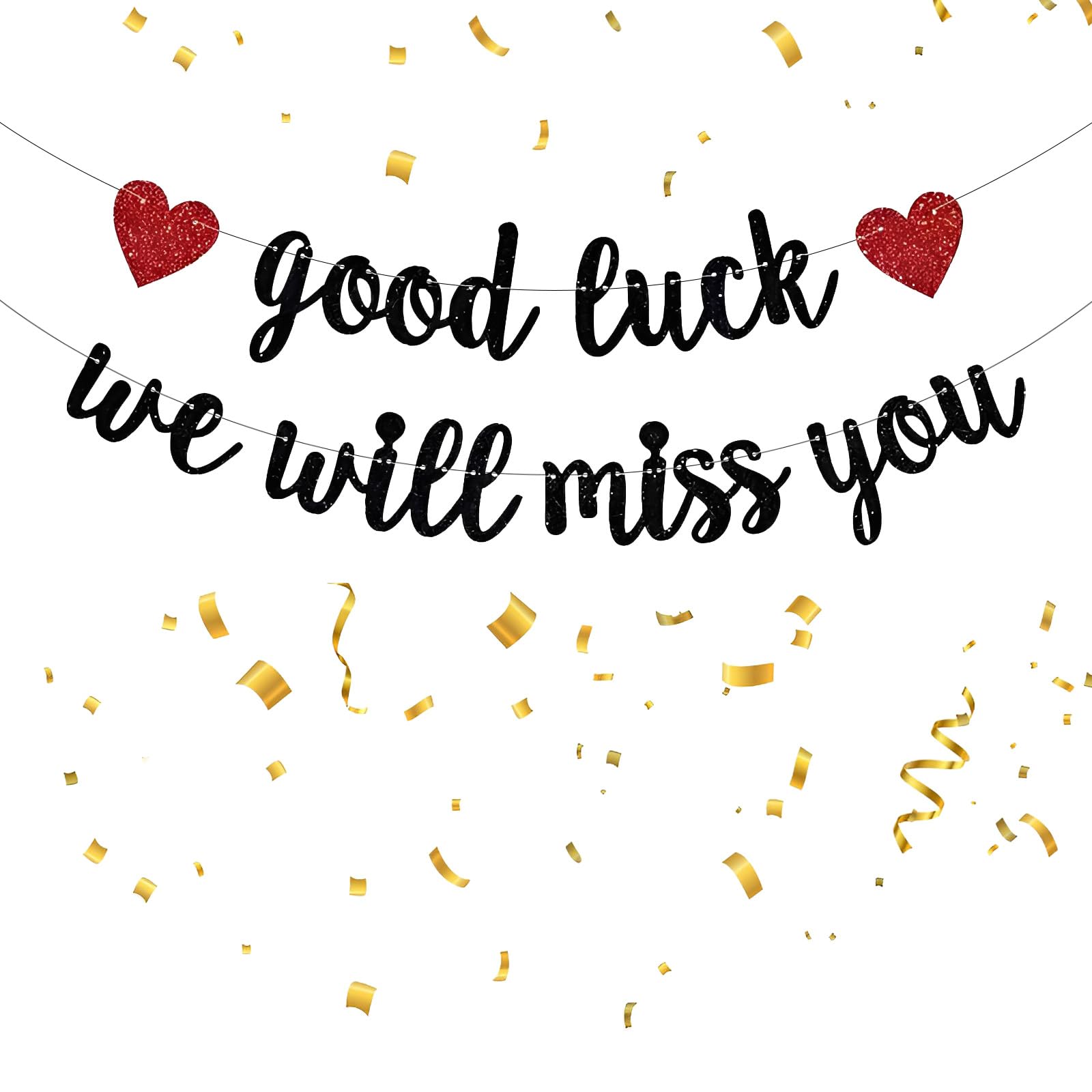 Good Luck Banner, We Will Miss You Banner, Black Red Glitter Farewell Decorations, Pre-Strung Leaving Decorations for Graduation Retirement Going Away Party