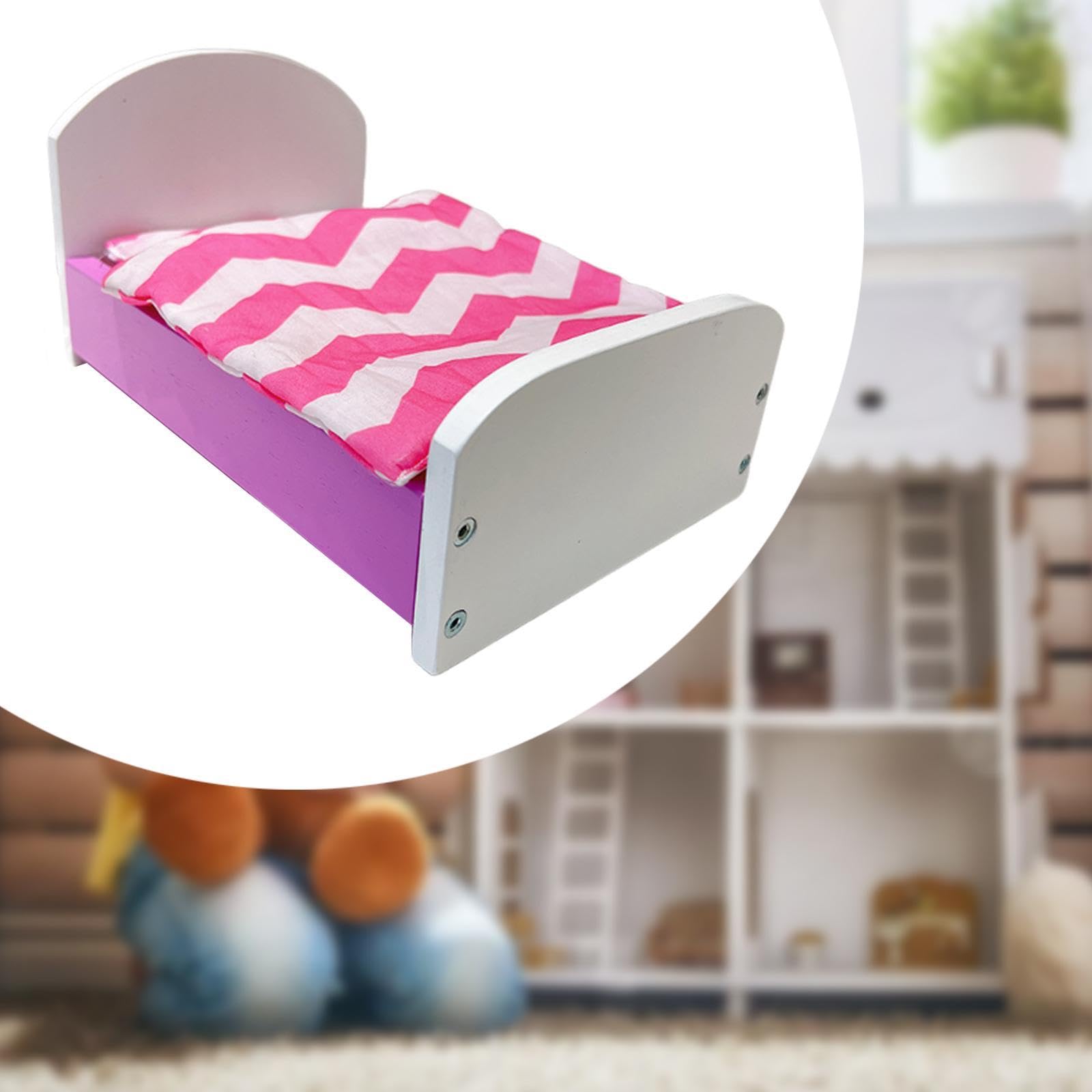Letto Miniatura Casa delle Bambole Accessorio Mobile Stanza Legno Realismo Dettagli Adatto per Gioco Bambini Regalo Camera Miniatura, Viola
