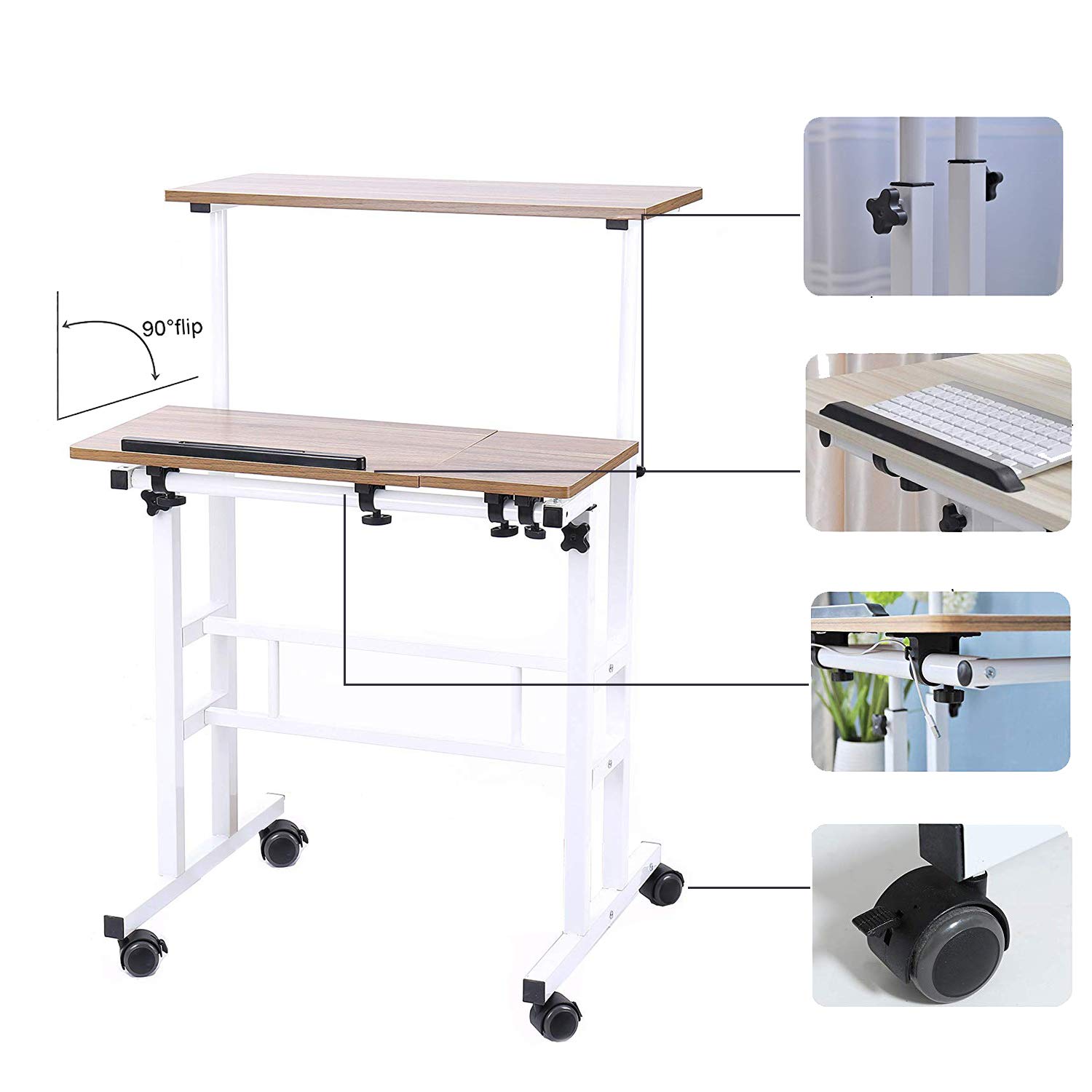DlandHome Scrivania Sit-Stand Laptop,laptop stand standing desk Tavolino Caffe per Casa o Studio con 4 Ruote Mobile e Blocco, Scrivania Lavoro per Discorso, Altezza Regolabile 67-115cm, di Legno Acero