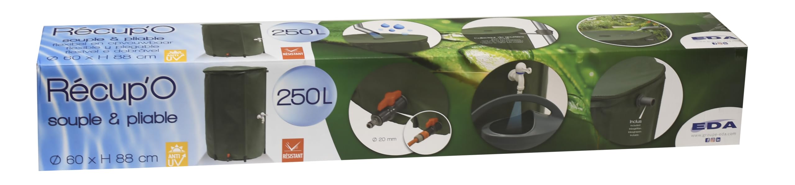 EDA - Miękki i składany zbieracz wody 250 L - z filtrem siatkowym + 2 krany - Odporny na warunki atmosferyczne - Ø 60 x wys. 88 cm