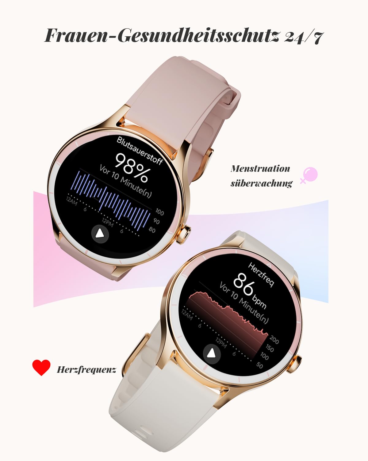 TOOBUR Smartwatch Damen, 40mm Rund Schrittzähler Uhr, 100+ Sportmodi, Beige | Fitness Uhr für Alltag, Smart Watch Android & iOS Kompatibel, Telefonfunktion mit AnrAufe, IP68 Wasserdicht