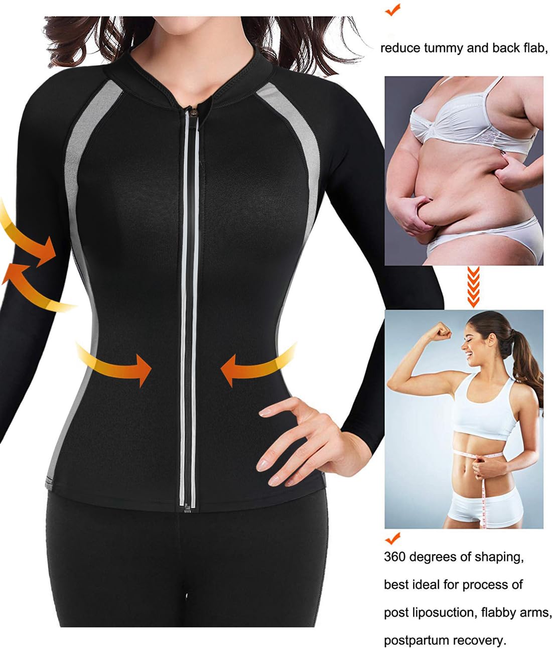 Sauna Neopreno Chaqueta Top Suit Trajes Adelgazantes Compresion Sudoración Deporte Shapewear Gym Correr Fitness Mujer Sudaderas Manga Larga