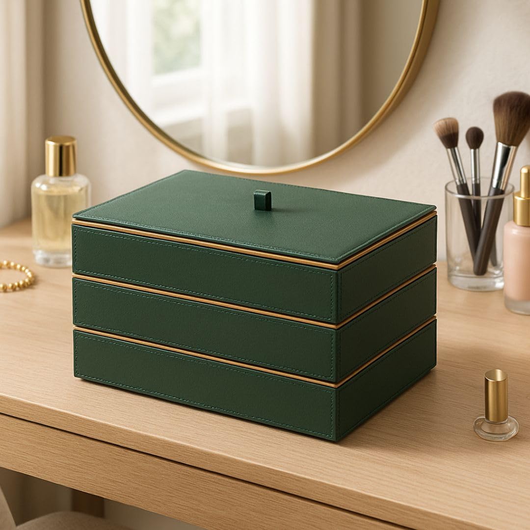 CASA BOTANICAL Dual Tone Faux Leather 3 Organizer Stack Tray for Home/Office/Storage/Decoration (Green & Beige) (12x10x6 Inch) (Green & Beige)