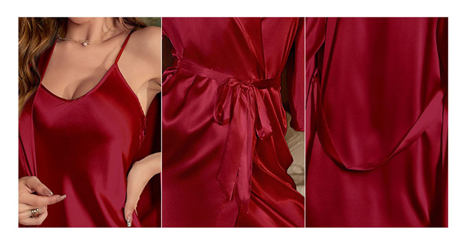 Vêtements de Nuit à Manches Cinq Quarts Chemise de Nuit en Soie de Simulation pour Femmes avec Peignoirs Ensemble 2 pièces Sexy Cami Vêtements de Nuit