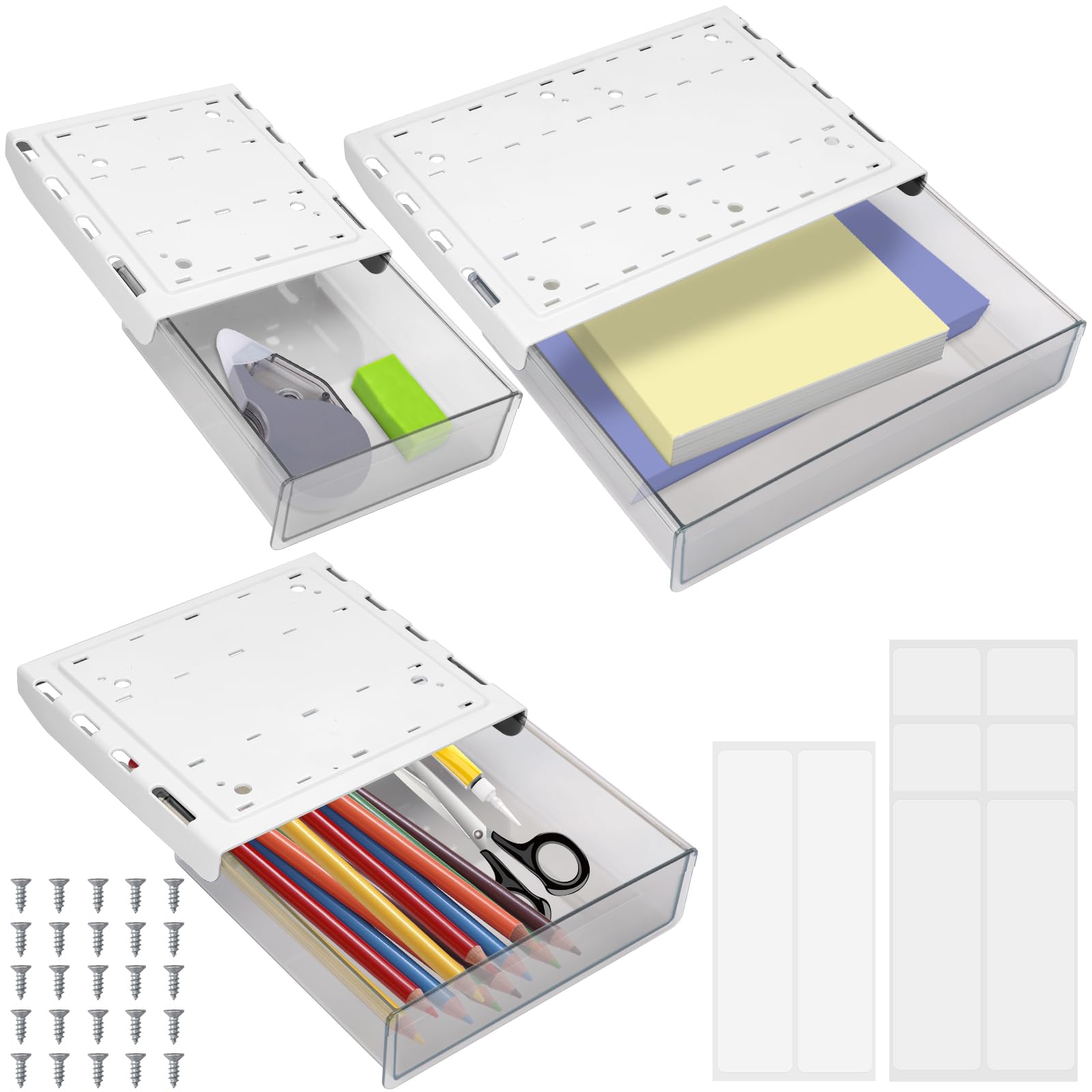 Set di 3 cassetti sotto la scrivania, 33 x 25 x 7 cm, cassetto adesivo con passante, alta capacità di carico, scatola portaoggetti nascosta per casa, ufficio, scuola