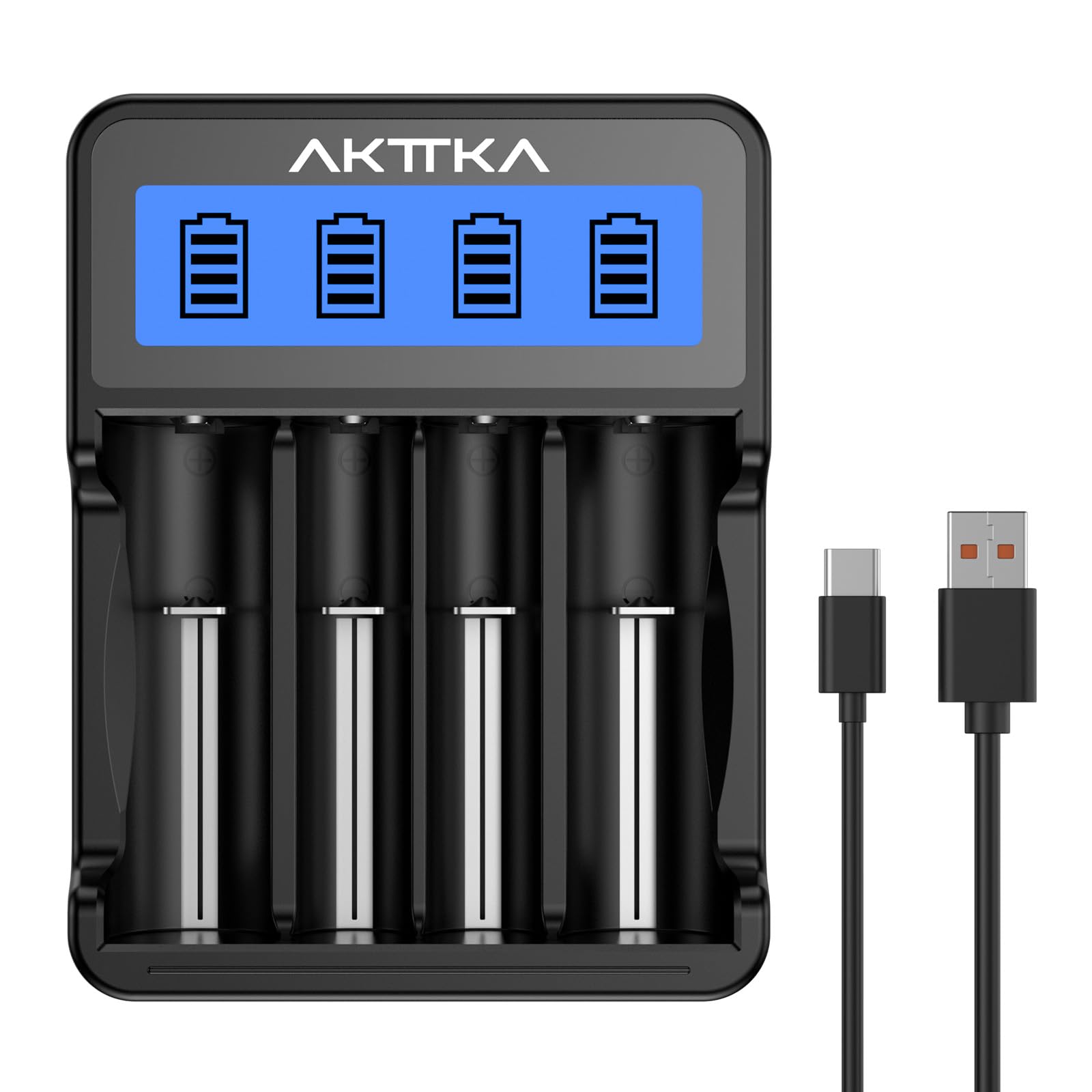 AKTTKA Cargador de Baterías 18650 Inteligente de 4 Bahías Indicador LCD Entrada Type-C/Micro-USB Compatible con Baterías Li-Ion de 3,7V (18650/21700) y Baterías NiMH de 1,2V (AA/AAA/C) Recargables